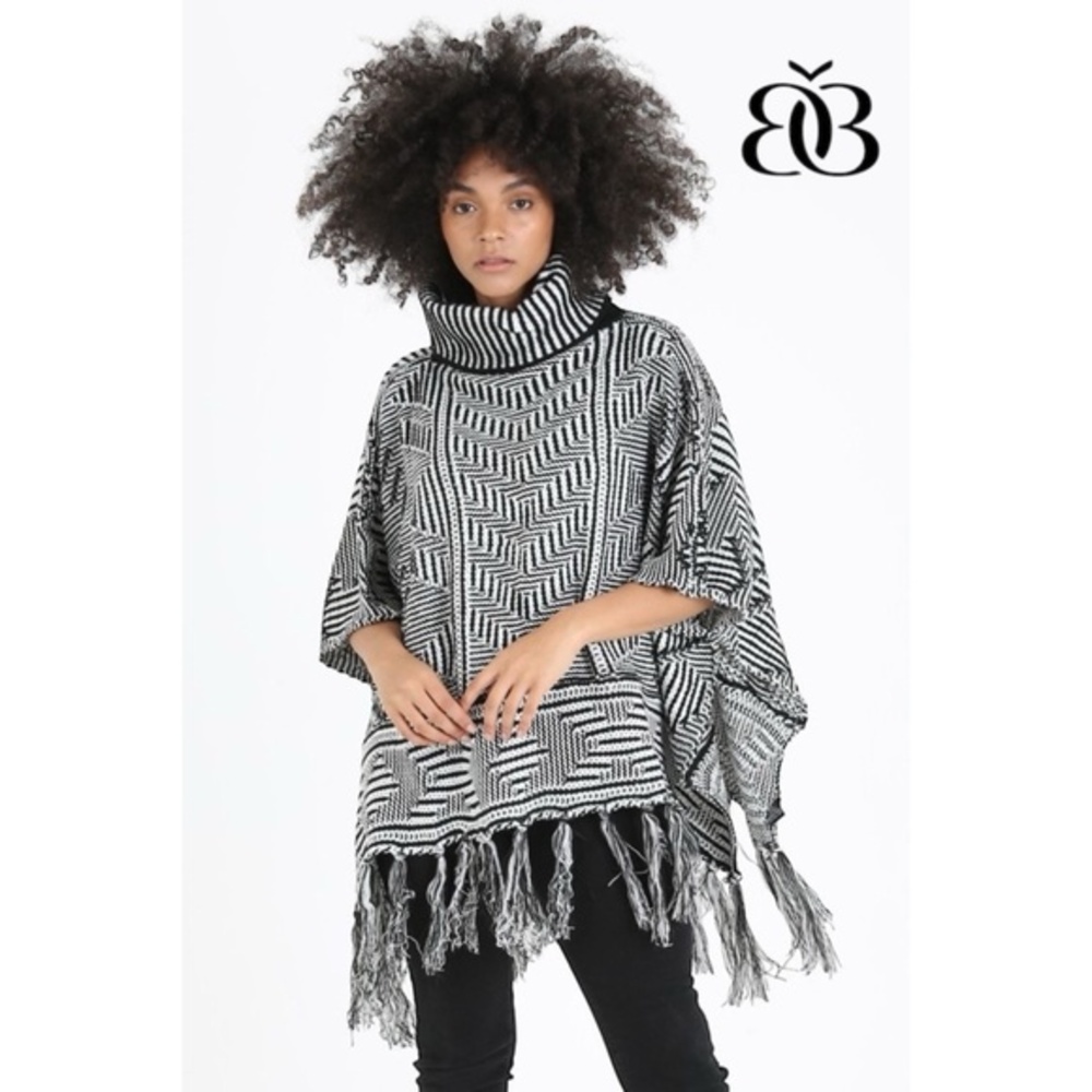 Angie Black White Turtleneck Fringe Poncho Sweater | Boho Fall Winter Layer